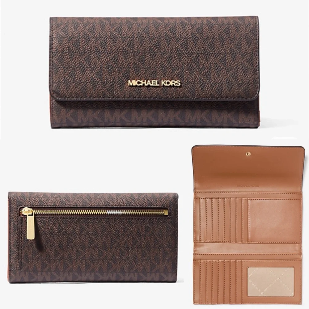 Michael Kors Jet Set Travel Large Trifold Wallet Brown‎ Monogram 35F8GTVF3B
